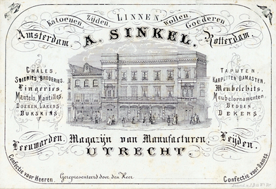 711440 Visitekaartje van A. Sinkel, Magazijnen van Manufacturen, Confectie voor Heeren, Confectie voor Dames, Tapijten, ...